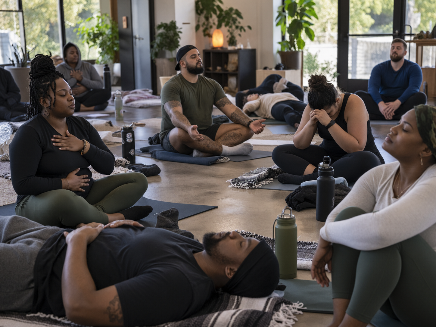 Veterans and community members resting in a guided breathwork session on mats in a calm indoor space