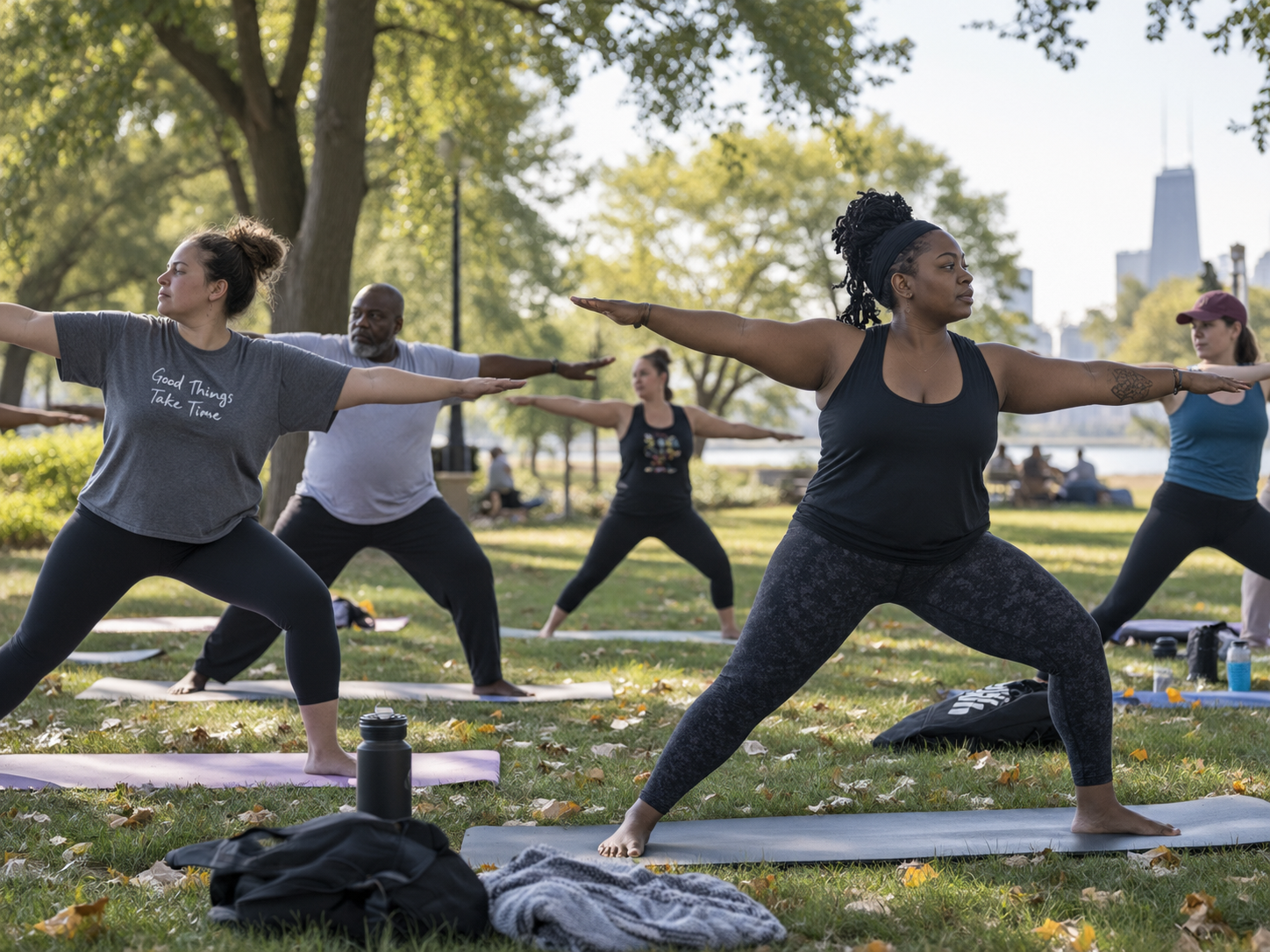 A diverse group of adults practicing yoga outdoors on mats beneath trees