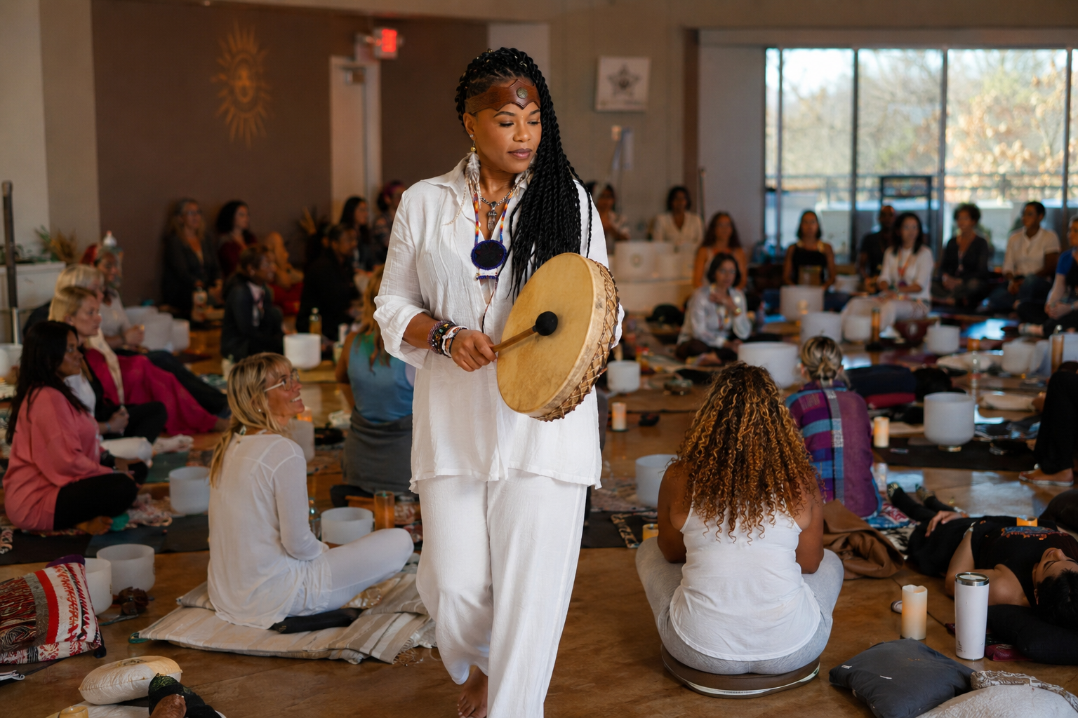 A sound practitioner walking through a circle of participants while playing a frame drum during a sound experience