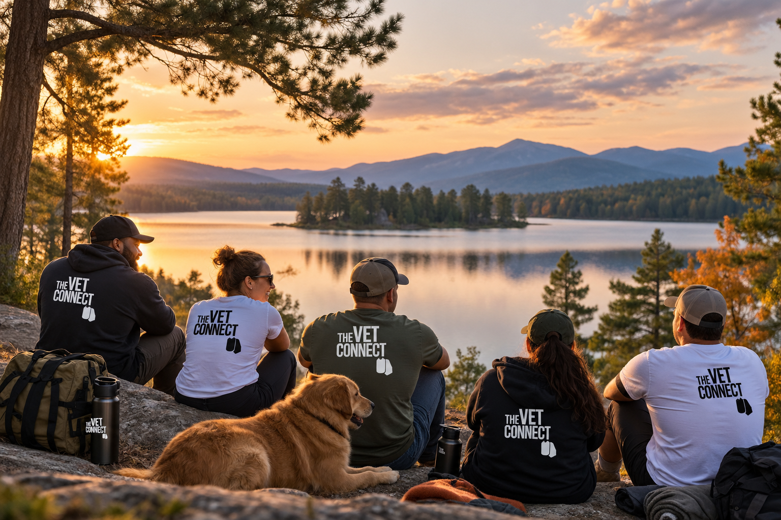 Vet Connect group sitting together on a scenic overlook at sunset