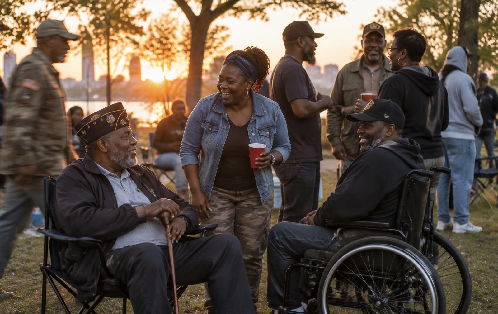 Black veterans and community members of different ages talking and laughing together in a park at sunset
