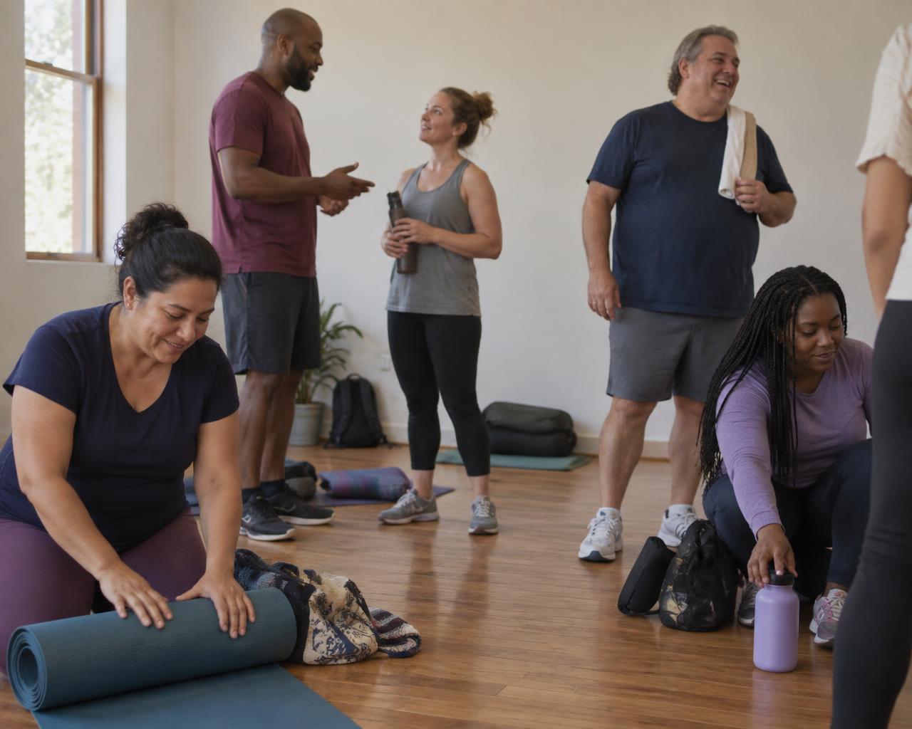 People talking, laughing and rolling up mats together in a plain wood-floored room after a wellness session