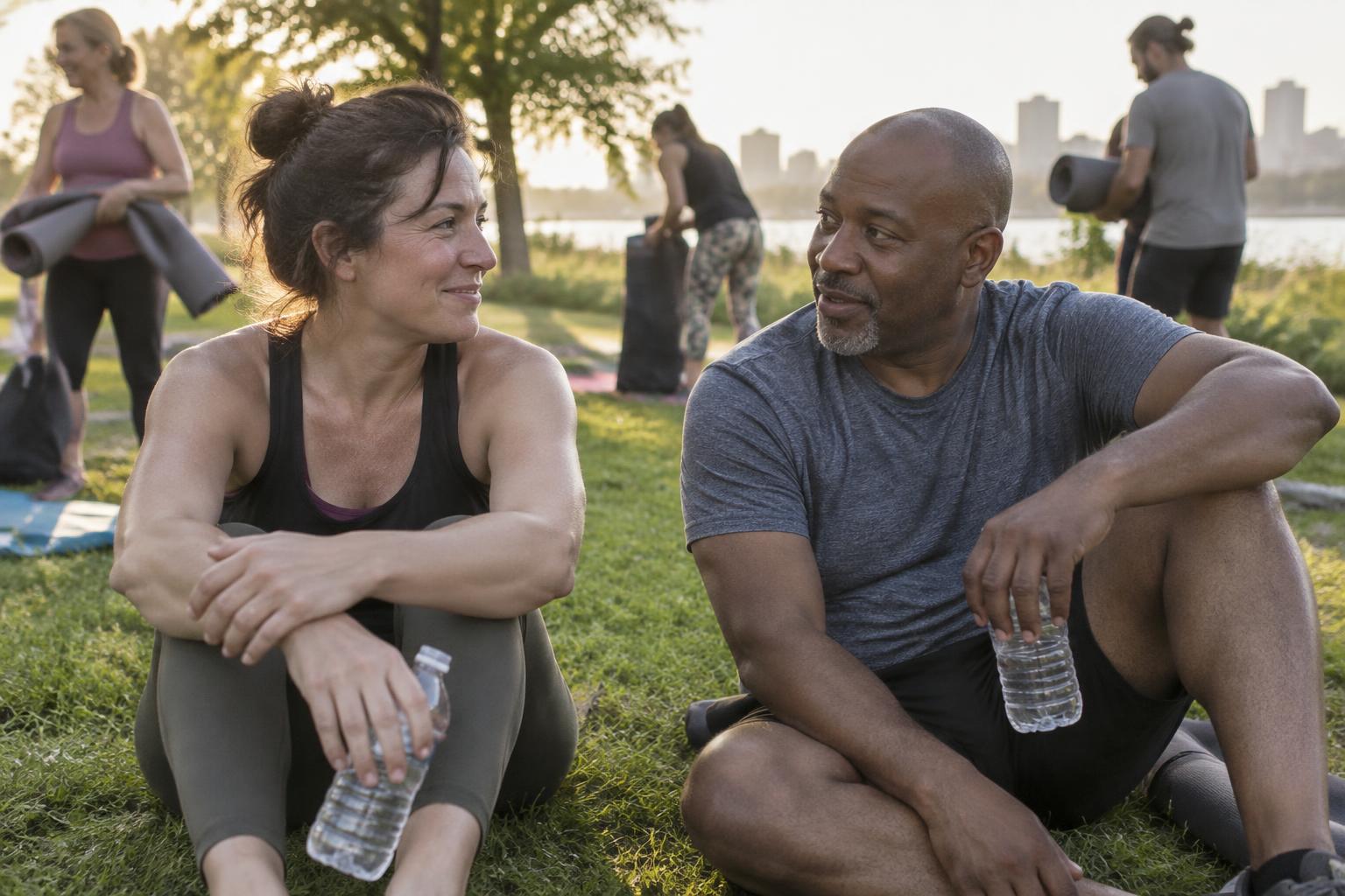 Two adults sitting on the grass talking quietly after a community session while others pack up mats behind them