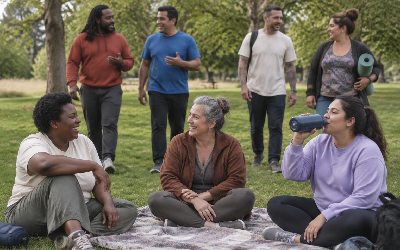 A small group of adults sitting on a blanket and walking together on the grass of a community park, talking and laughing