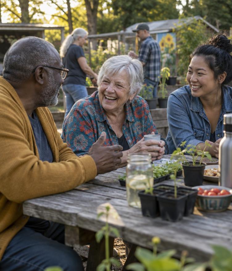 An older man in a floral shirt laughing at a community gathering